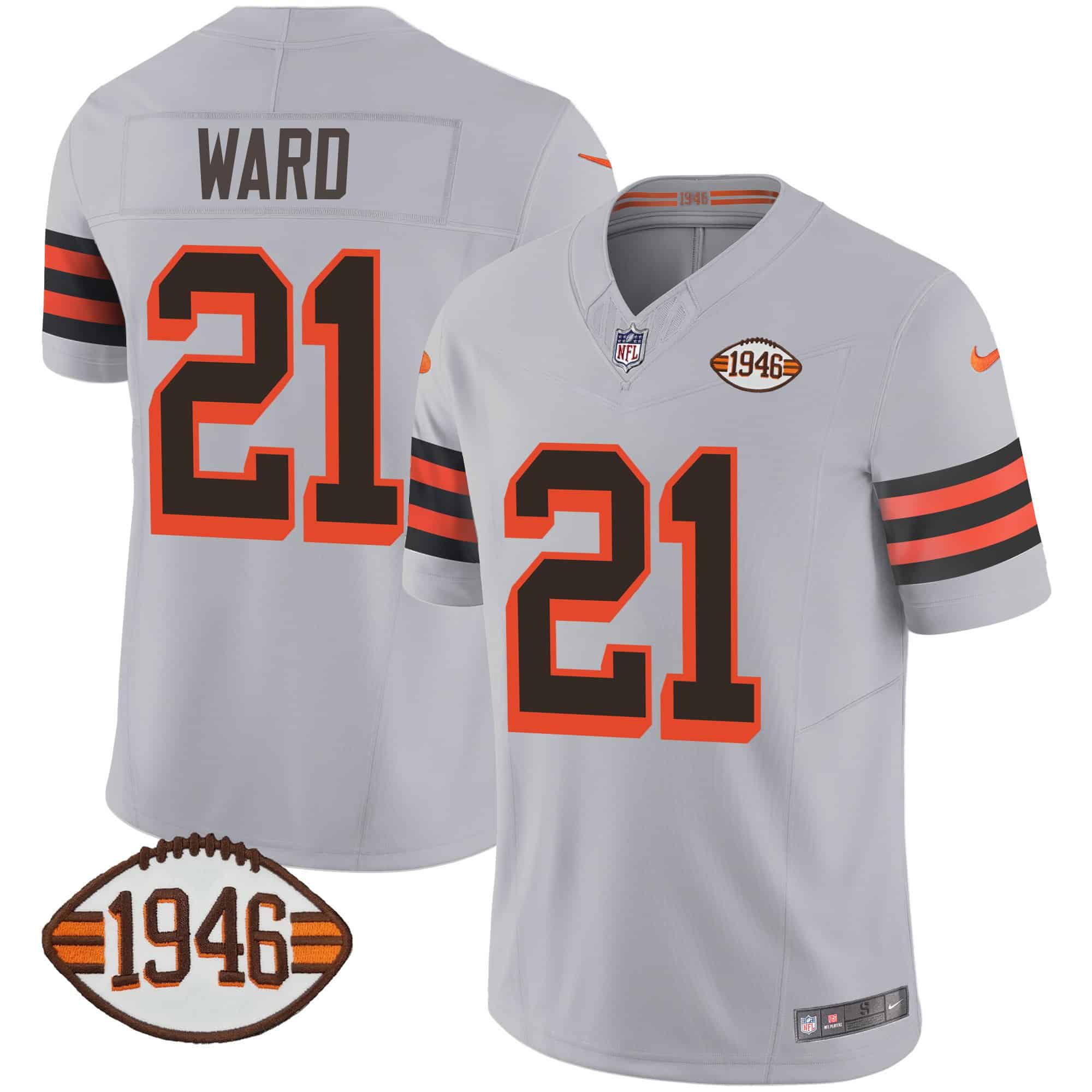 Men Cleveland Browns 21 Ward Grey 1946 75th Anniversary Patch 2024 Nike NFL Jersey